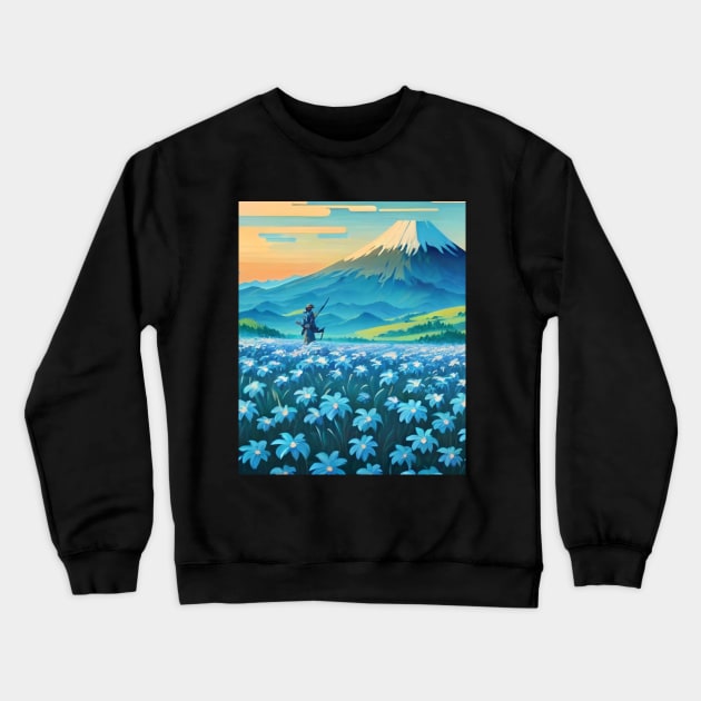Journey To Mount Fuji - Samurai and Blue Crewneck Sweatshirt by AnimeVision